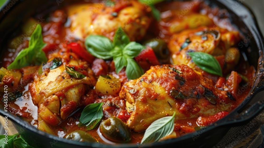 Wall mural Close up of a delicious pan of food with meat and vegetables. Ideal for food blogs and recipe websites