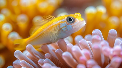  Close-up of fish on sea anemone with background anemones