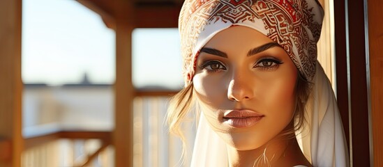 An Arab woman is wearing a headscarf and a white veil, covering her head elegantly. - obrazy, fototapety, plakaty