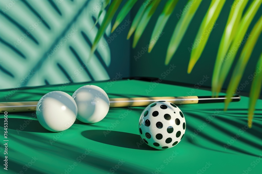 Poster A pool table with two balls and a racket. Suitable for sports and leisure concepts