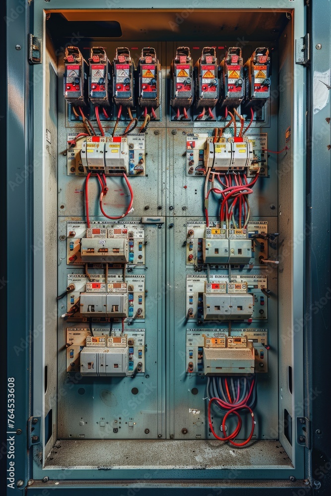 Poster An old electrical panel with a complex network of wires and switches. Suitable for illustrating electrical systems or technology