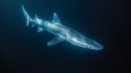 Fototapeta premium A large shark swimming in an ocean, bathed in sunlight, surrounded by numerous bubbles