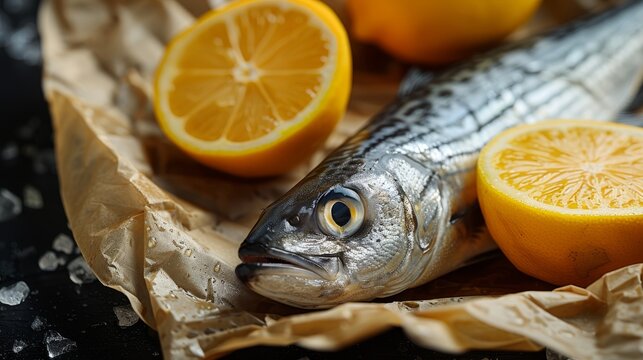  A fish perched on wax paper beside lemons and an orange slice