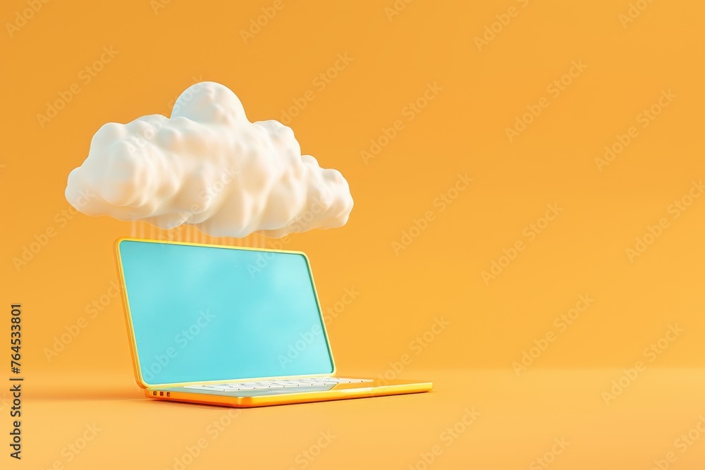 Poster laptop and cloud storage in the concept of remote work and data synchronization