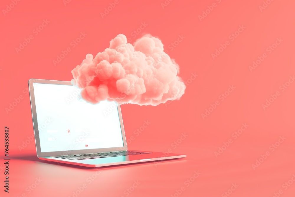 Poster laptop and cloud storage in the concept of remote work and data synchronization