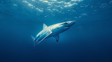 Obraz premium A great white shark swims beneath the water surface, with its head just above