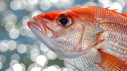  A detailed image of a vibrant red fish against a tranquil blue-white backdrop, with hazy light reflections in the depths