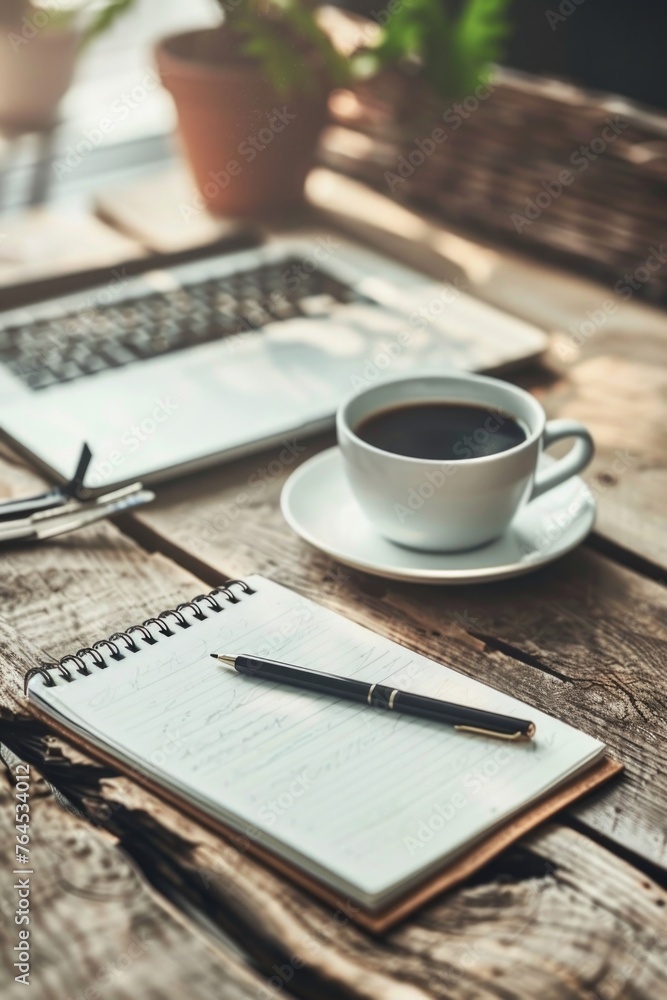 Poster a cup of coffee and a notebook on a wooden table. suitable for office or work-related concepts