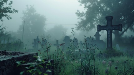 A cemetery shrouded in fog with a cross in the foreground. Suitable for spooky or Halloween-themed projects