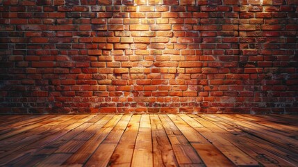 Interior of a room with a brick wall and wooden floor. Suitable for various design concepts