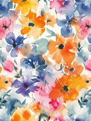 A watercolor splash pattern with vibrant flower washes blending seamlessly on white