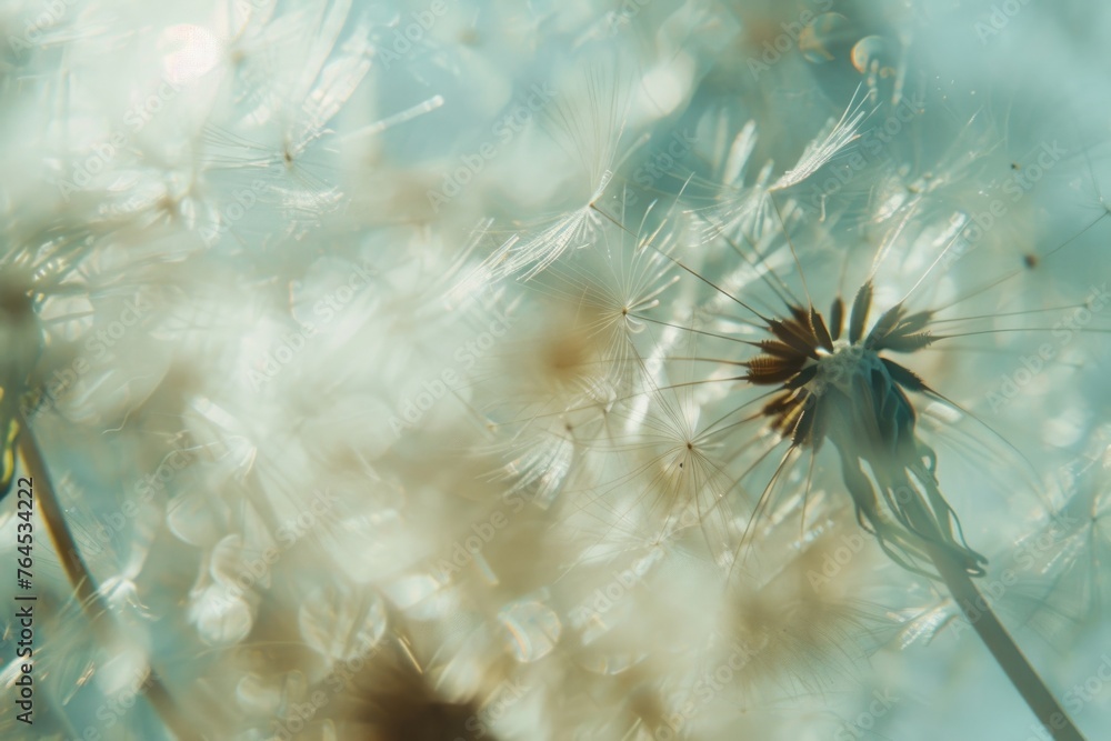 Poster detailed view of a dandelion with soft focus background. ideal for nature-themed designs