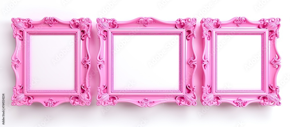 Poster the image features three pink frames displayed against a white and pink background