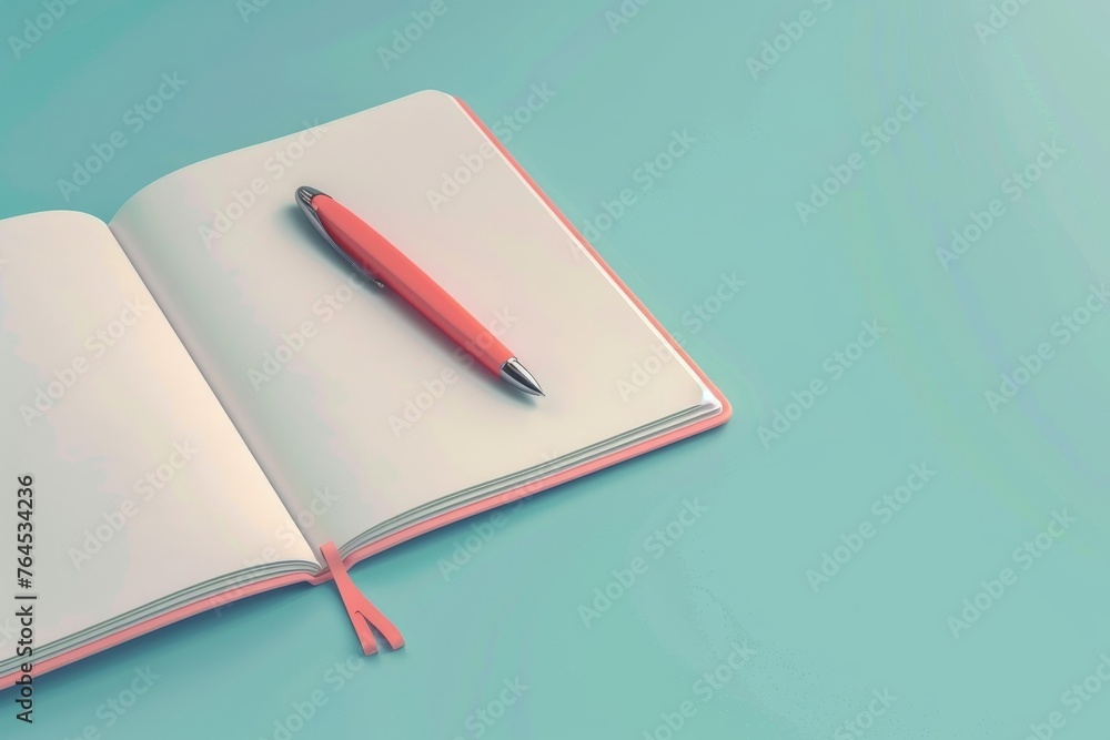 Poster notebook and pen depicting an open notebook with a pen resting on top