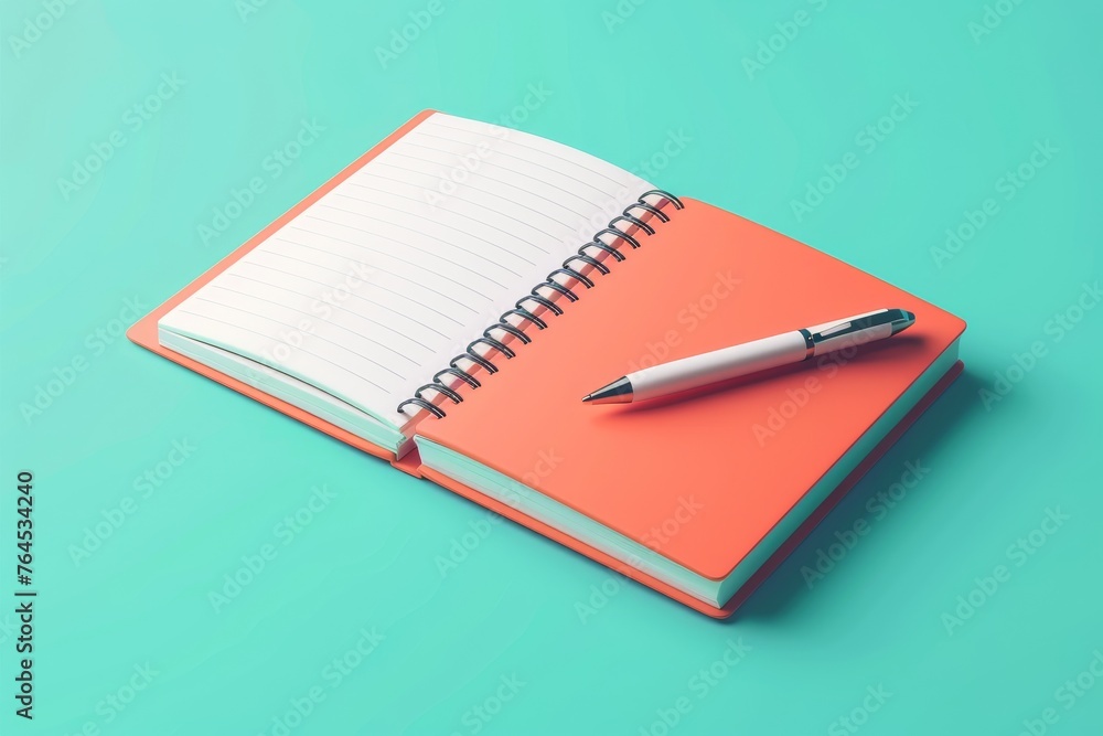 Poster notebook and pen depicting an open notebook with a pen resting on top