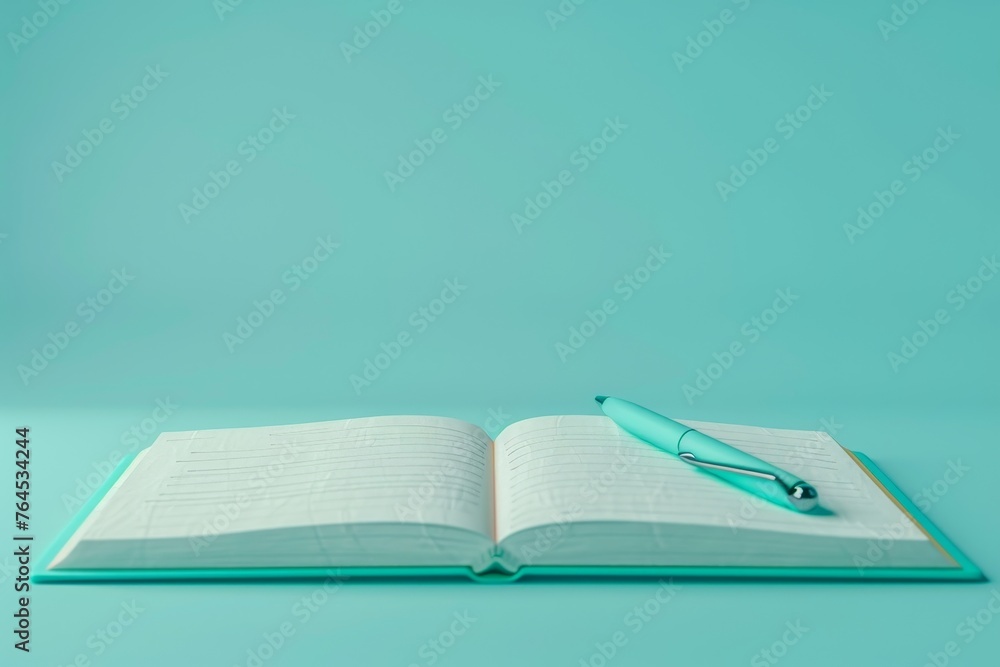 Poster notebook and pen depicting an open notebook with a pen resting on top