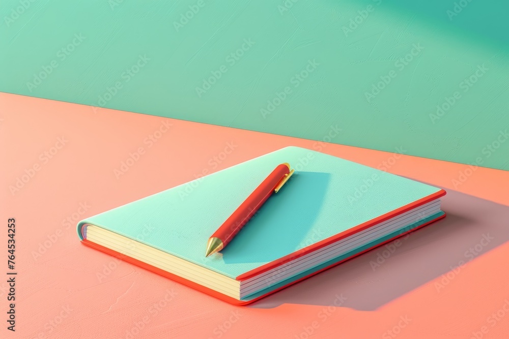 Poster notebook and pen depicting an open notebook with a pen resting on top