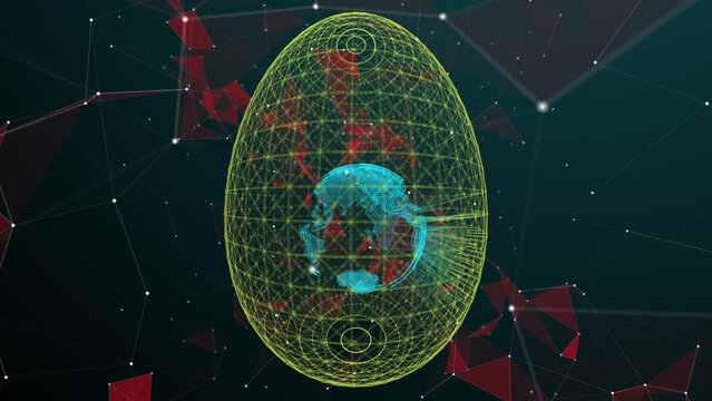 Abstract video with a digital image of the planet Earth, an Easter egg, space with lines and particles interacting with each other, the concept of the interaction of religion with the modern