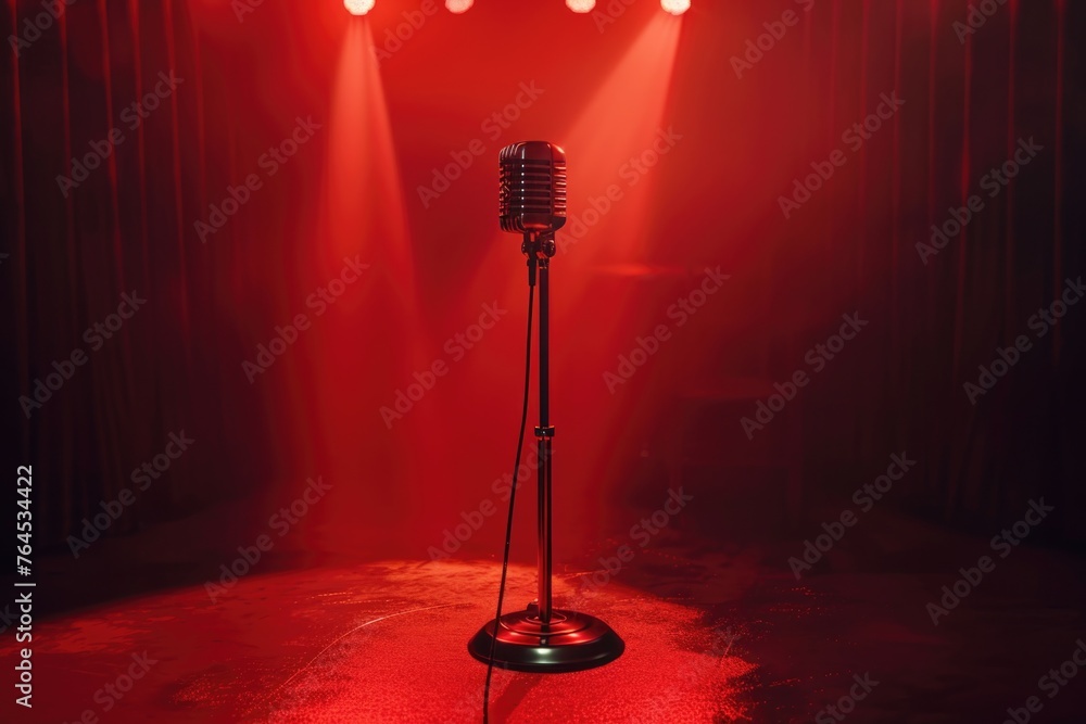 Poster a microphone on a stand with vibrant red lights, perfect for music events and performances