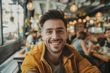 Fototapeta premium A smiling man enjoying a meal at a restaurant. Suitable for food and dining concepts