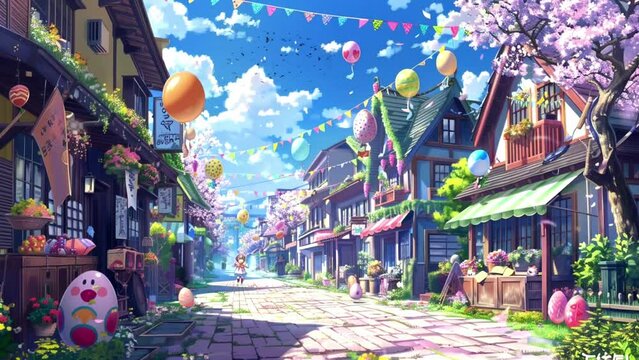 Vibrant spring flowers transform anime street into Easter wonderland, Seamless looping 4k video background animation