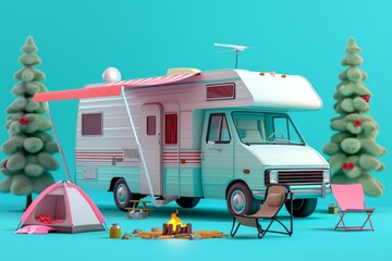 RV Camper and Camping Gear a recreational vehicle parked at a campsite with camping gear