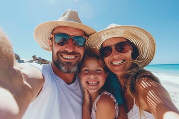 A family wearing sunglasses and hats is smiling for a selfie on the beach, with goggles and vision care accessories nearby, enjoying the sea and sky during their vacation