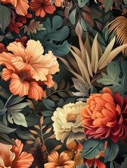 Design a layered floral pattern with flowers in the foreground and foliage in the background