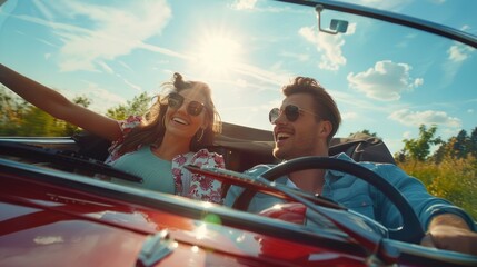 A man and a woman enjoying a drive in a red convertible car. Perfect for travel and transportation concepts - obrazy, fototapety, plakaty