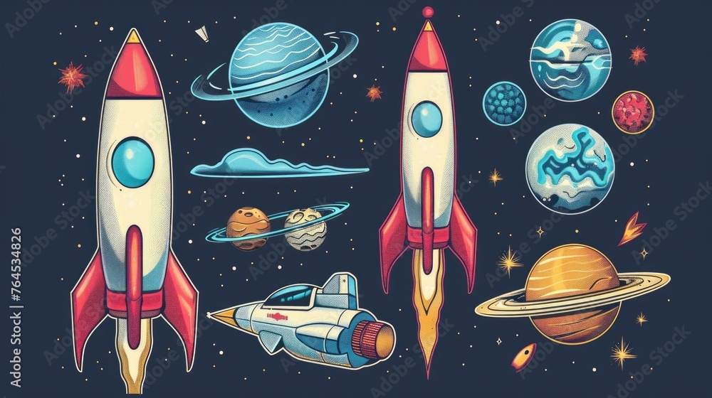 Poster A collection of space objects including a rocket, Saturn, and other planets. Perfect for educational materials and science-related projects