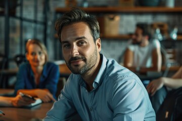 Obraz premium A man in a blue shirt sitting at a table. Suitable for business or casual concepts