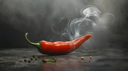 Keuken spatwand met foto A single chili pepper with wisps of smoke curling upwards, hinting at its fiery heat © kamonrat