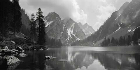 A serene mountain lake captured in black and white. Perfect for a minimalist aesthetic