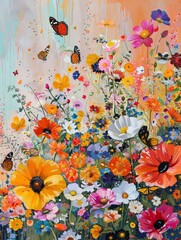 Incorporate scattered butterflies and bees amidst the vibrant flowers