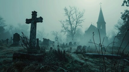 A graveyard with a cross and church in the background. Suitable for religious or spooky themes - obrazy, fototapety, plakaty
