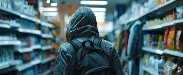 A person with a backpack walking down a store aisle. Suitable for retail or shopping concepts