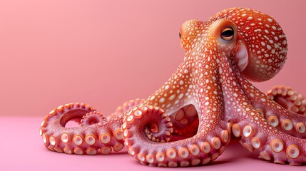  A close-up of an octopus on a pink background, with a pink wall in the distance