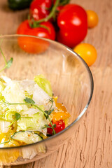 close up Vegetable Salad Bowl with Tomatoes, Cucumbers, Lettuce, Carrots, Greens