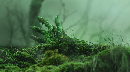 A green hand emerging from the ground covered in moss, in an enchanted forest, foggy atmosphere