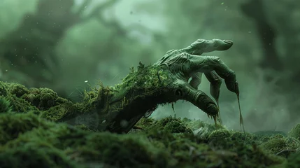 Foto auf Glas A green hand emerging from the ground covered in moss, in an enchanted forest, foggy atmosphere © HillTract