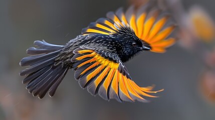 Obraz premium A bird soaring in mid-air, its wings open and head turned to the side