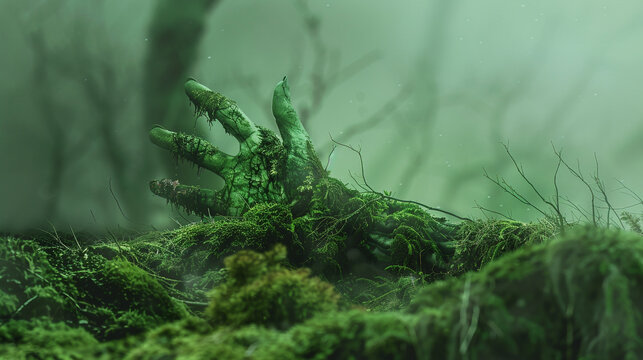 A green hand emerging from the ground covered in moss, in an enchanted forest, foggy atmosphere