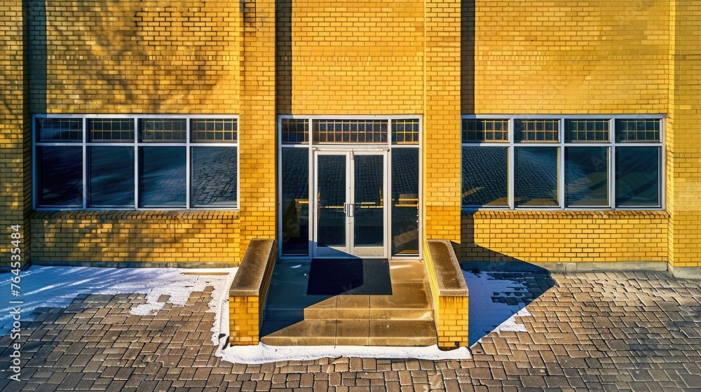 Poster an image of a yellow brick building with a black door. suitable for architectural projects