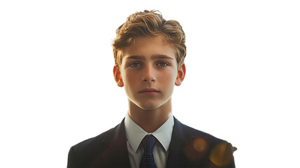 A young fashion model boy in a suit and tie, looking confident and professional, standing in front of a city skyline. Isolated on transparent background, png file.