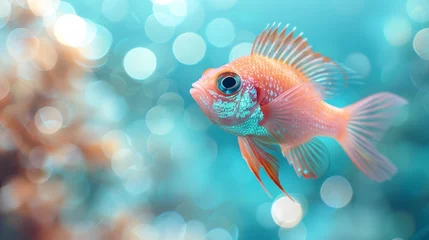 Fotobehang  A close-up of a goldfish in an aquarium, surrounded by water bubbles and a blue sky as the backdrop © Mikus