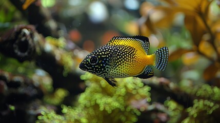  A clear photo of a fish in a tank with vibrant plants in the foreground and a smooth background