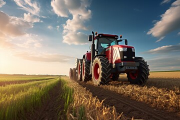 Tractor and Field Rows in the concept of modern agriculture and mechanized farming - obrazy, fototapety, plakaty