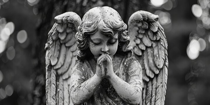 A black and white photo of a serene angel statue. Suitable for various projects