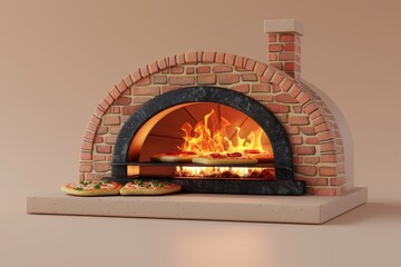 Pizza Oven and Pizza Slices a traditional brick pizza oven with slices of hot cheesy pizza