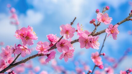 Branch with pink flowers against a blue sky. Suitable for nature backgrounds